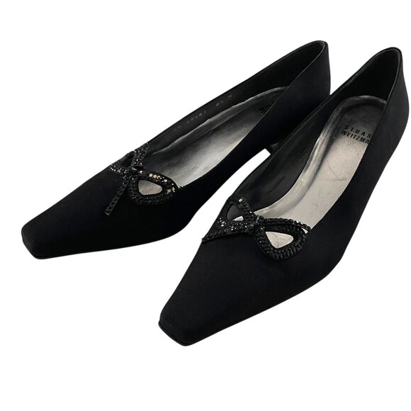 Vintage Stuart Weitzman Kitten Heels Size 6.5 Black Rhinestone Bows Shoes Pumps - Picture 1 of 8